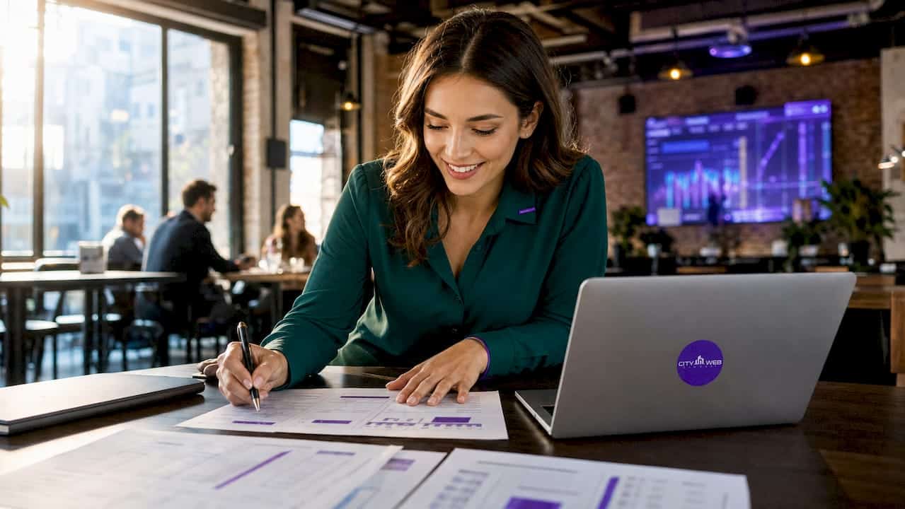 Woman reviewing service marketing documents at desk
