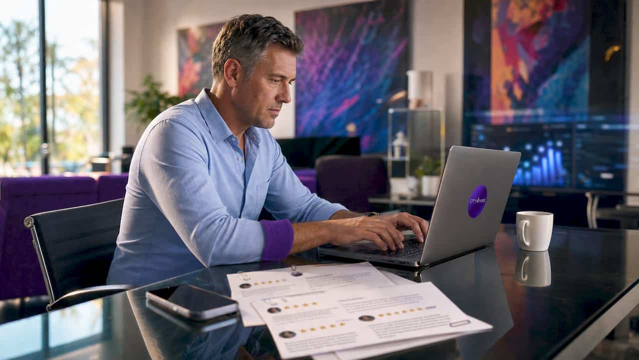 Business owner reviewing local SEO strategy on laptop