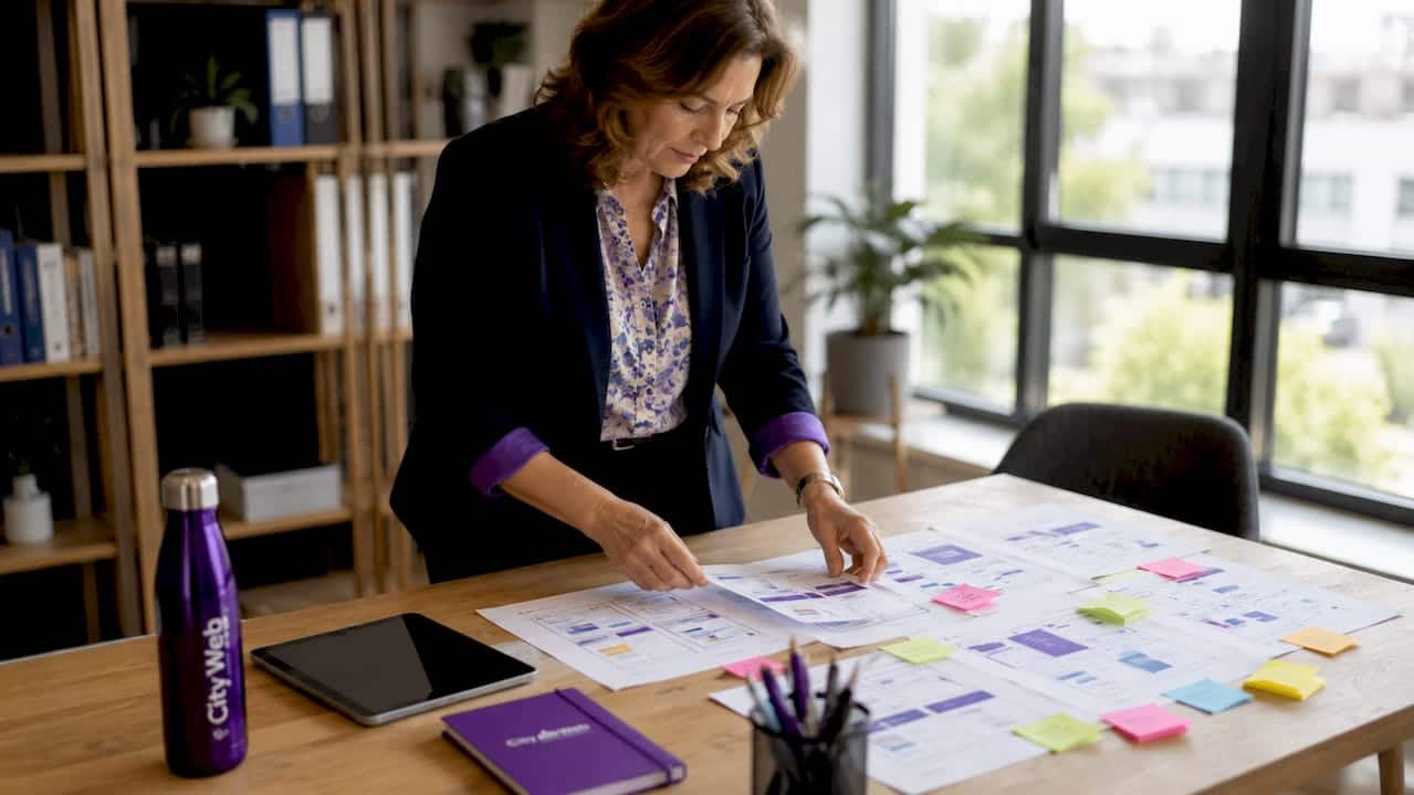 Clinic manager reviewing healthcare website wireframe