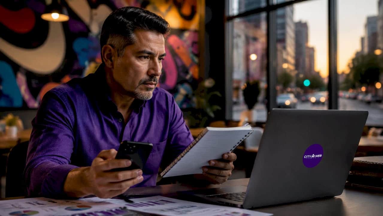 Local business owner creating digital ads