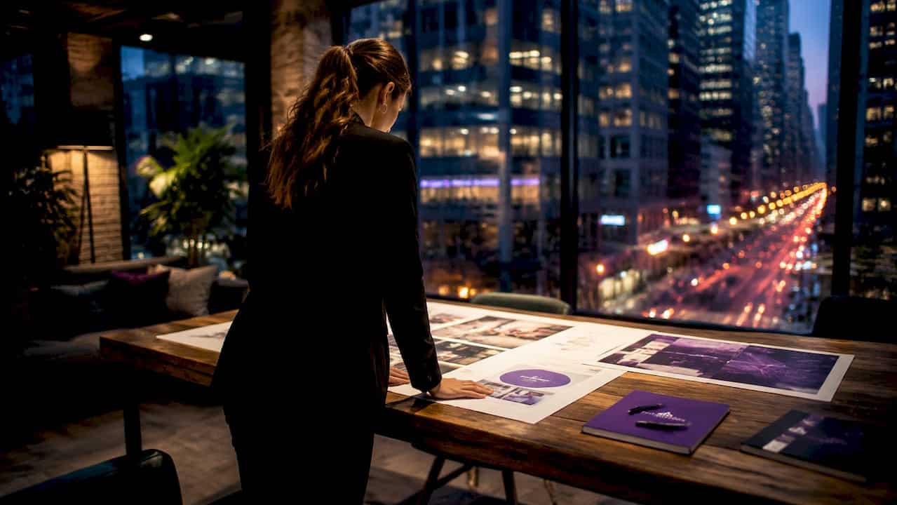 Businesswoman interacting with digital branding analytics