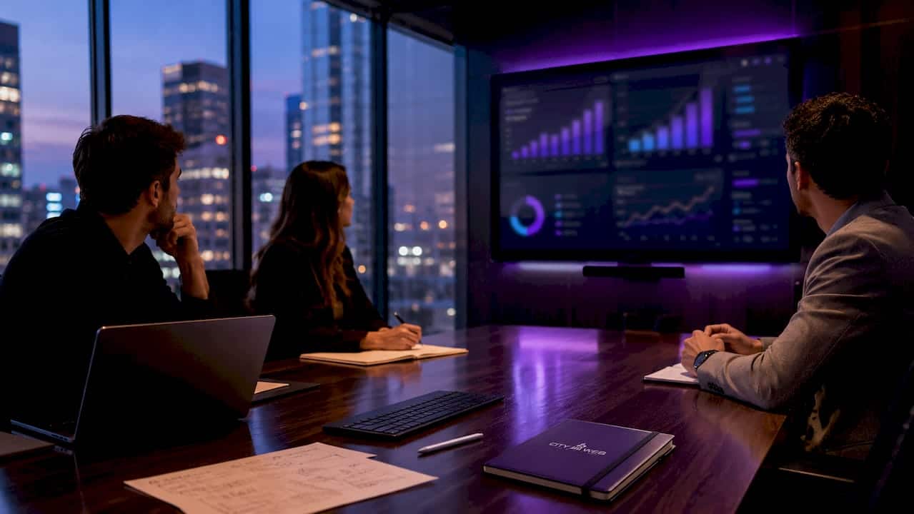 Analytics dashboards in modern office workspace