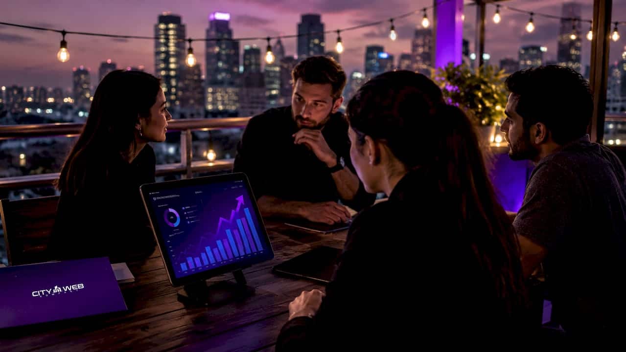 Team reviewing digital marketing dashboards in modern office