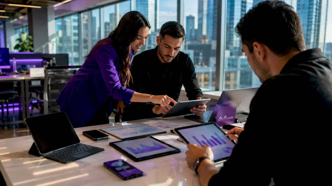 Digital marketing analytics command center with glowing screens