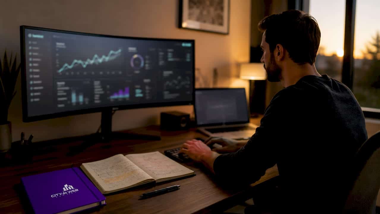 Modern workspace with SEO analytics dashboard