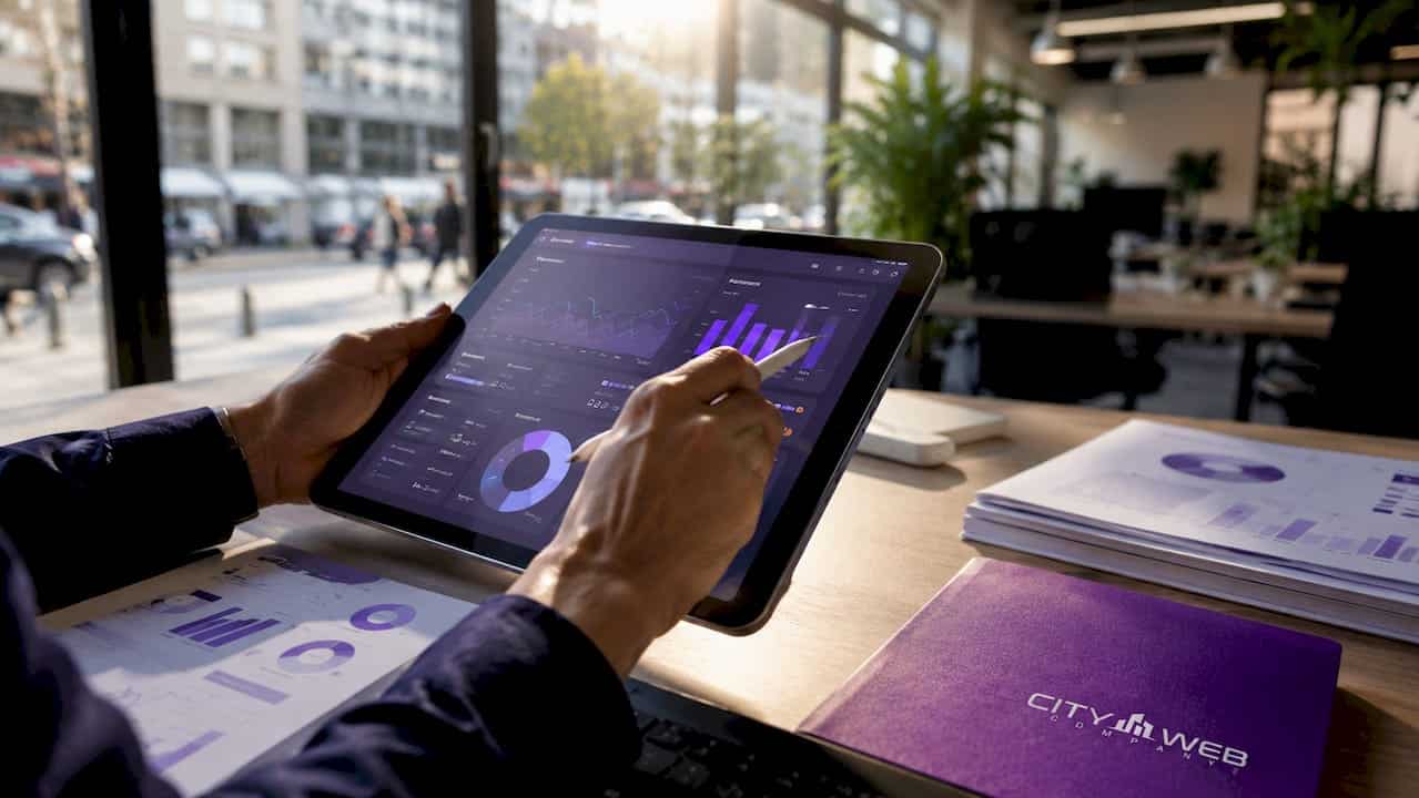 Hands interacting with local marketing analytics dashboards