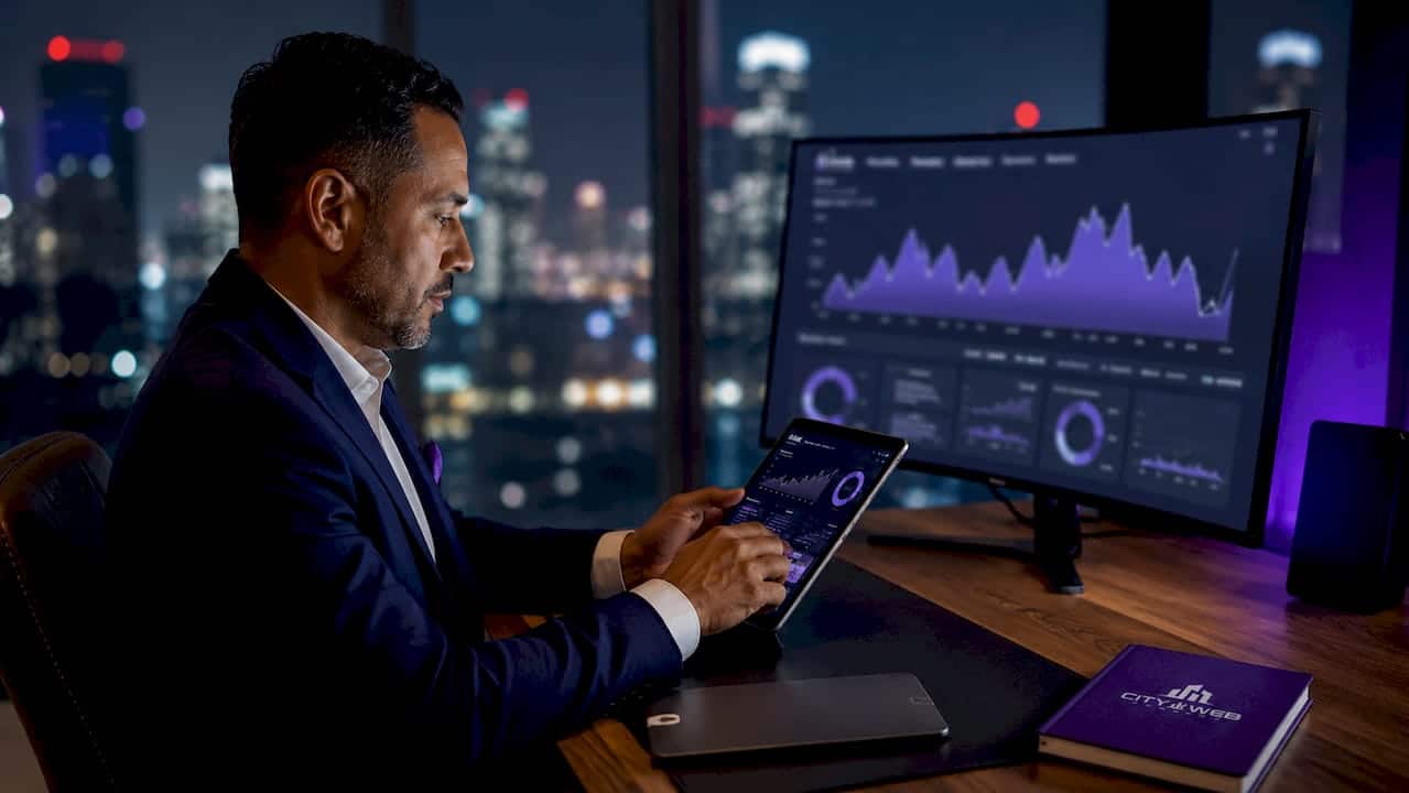 Hands interacting with digital data dashboards