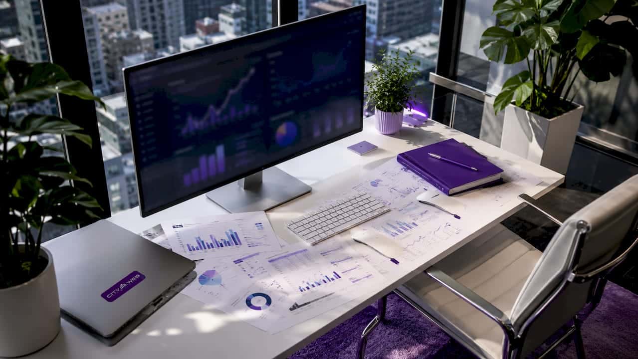 Keyword research analytics workspace with glowing screens