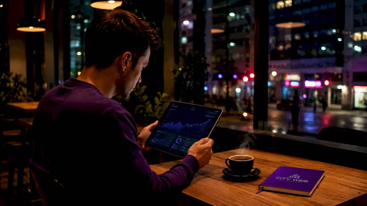 Business owner reviewing SEO dashboard in modern office