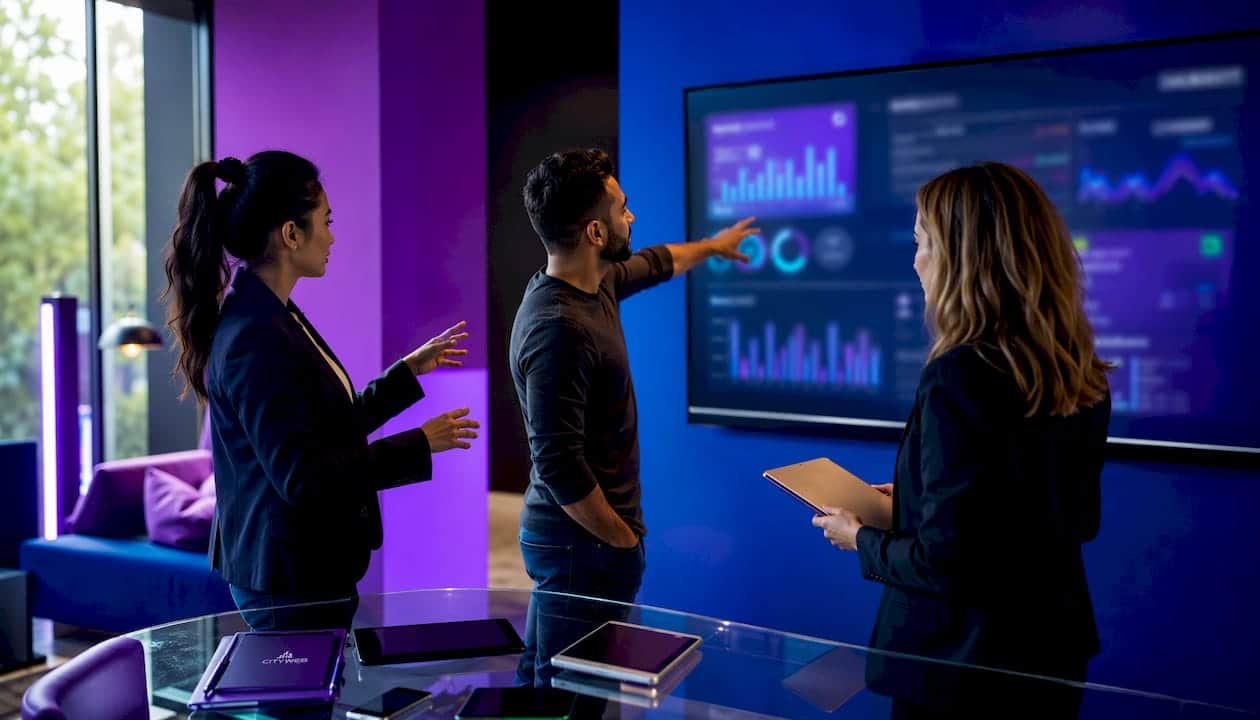 Team analyzing digital marketing data dashboard