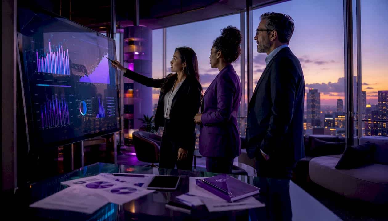Business team reviewing marketing data on digital dashboard