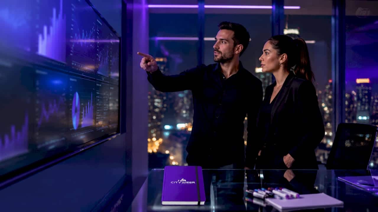 Business owners analyzing large analytics dashboard