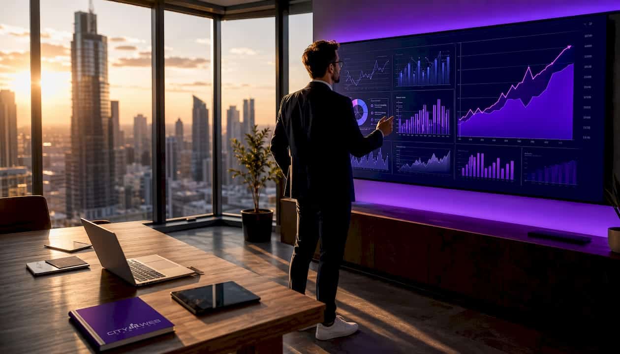 Business owner viewing large digital analytics dashboard