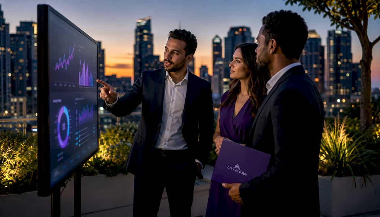 Business team analyzing branding metrics in modern office