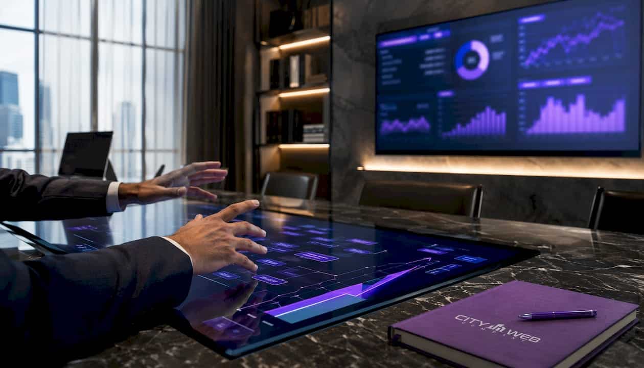 Hands interacting with digital SEO architecture displays