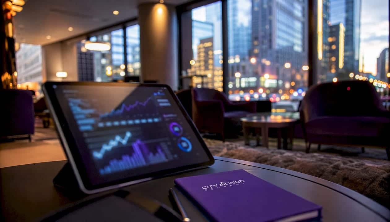 Curved monitors displaying branding and SEO analytics
