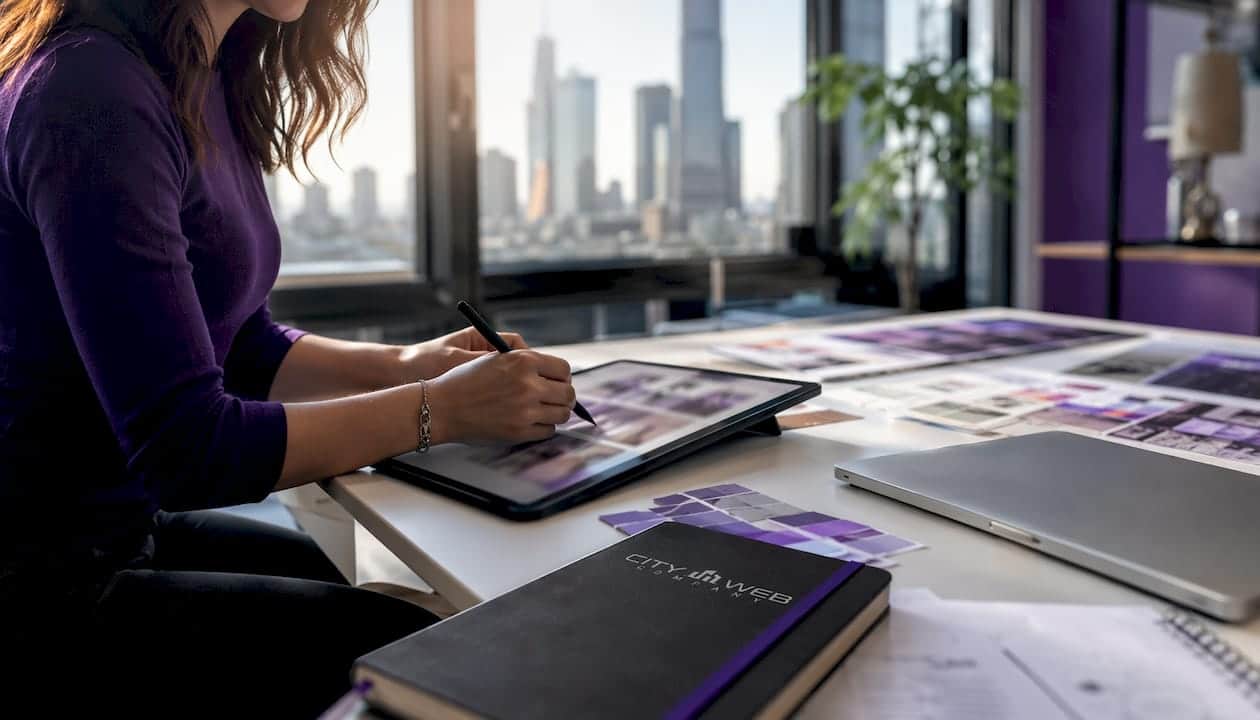 Hands using tablet for website branding design
