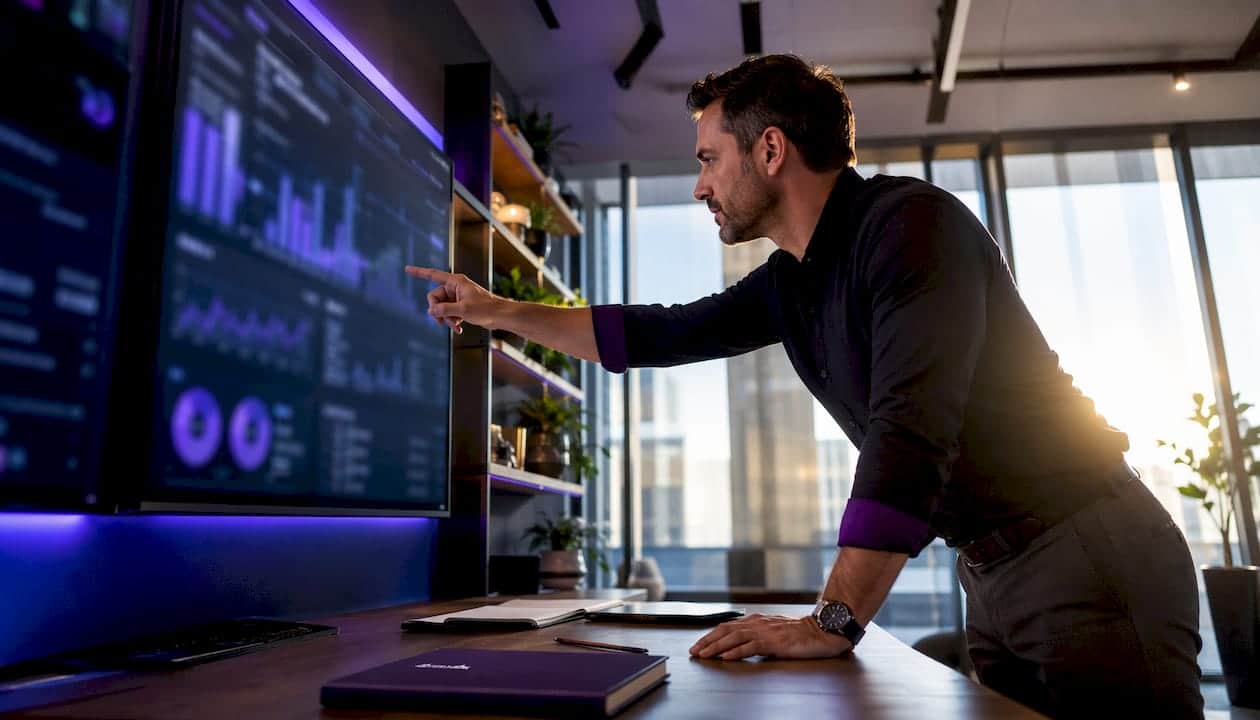 Hands operating analytics dashboards on multiple screens