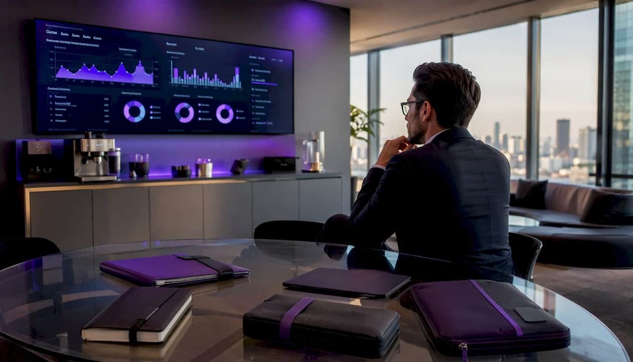 Law firm merch with analytics dashboard in office