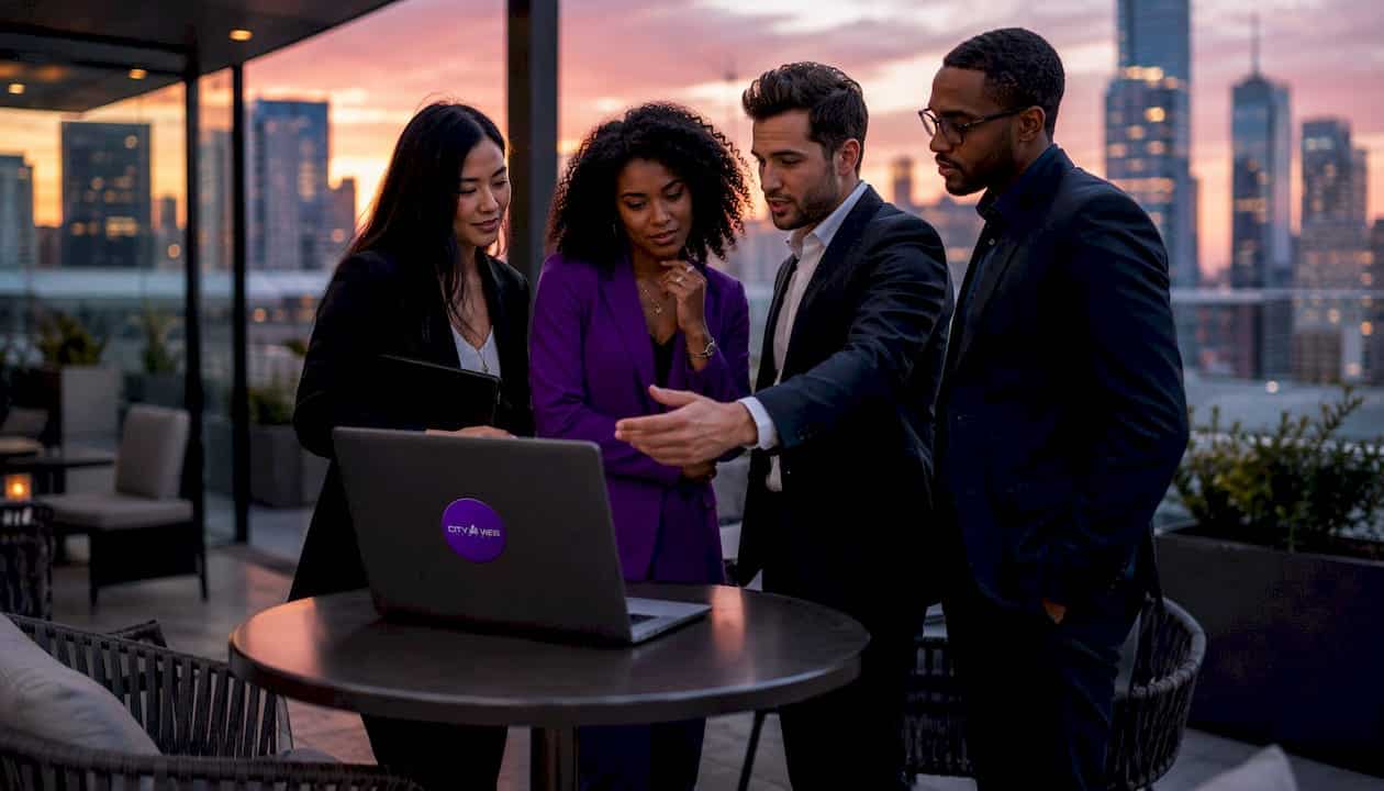Business team analyzing mobile optimization metrics