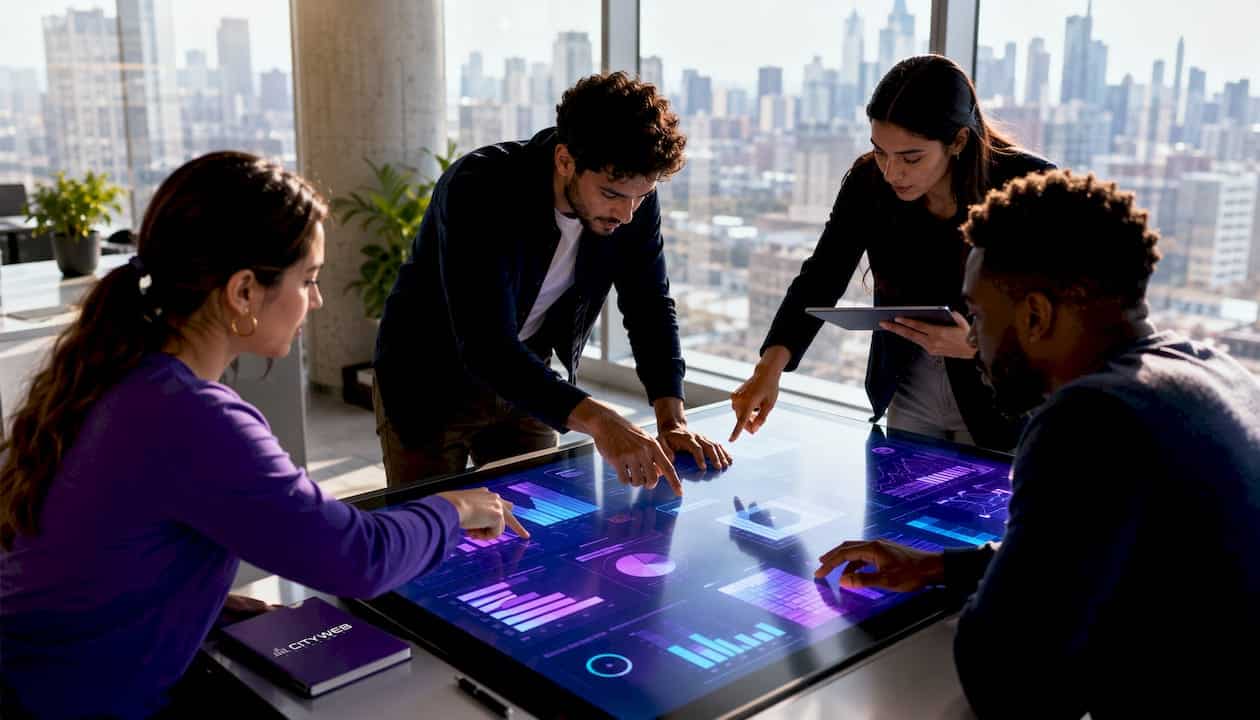 Team hands pointing at streaming ads data wall