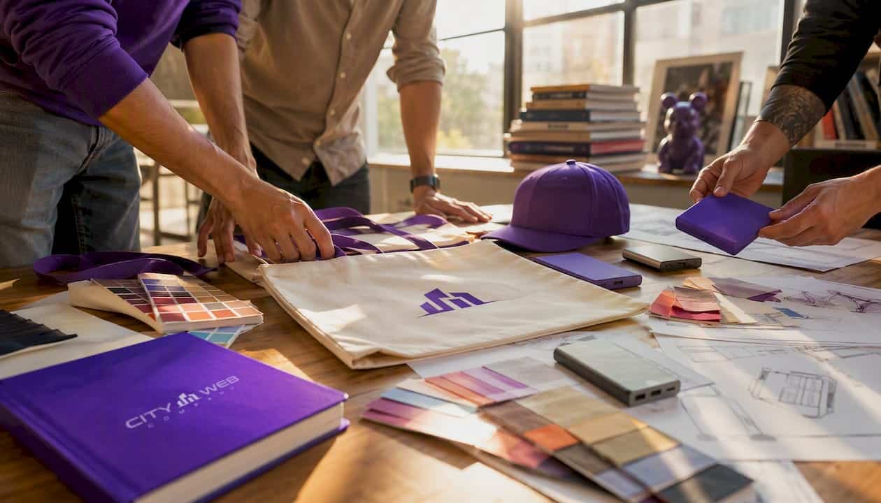 Hands customizing promotional swag samples on table