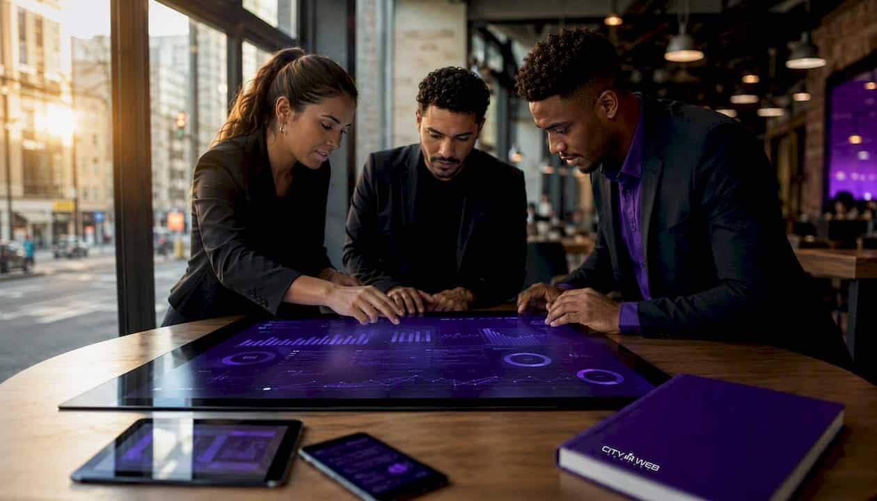 Team interacting with SEO data on touchscreen