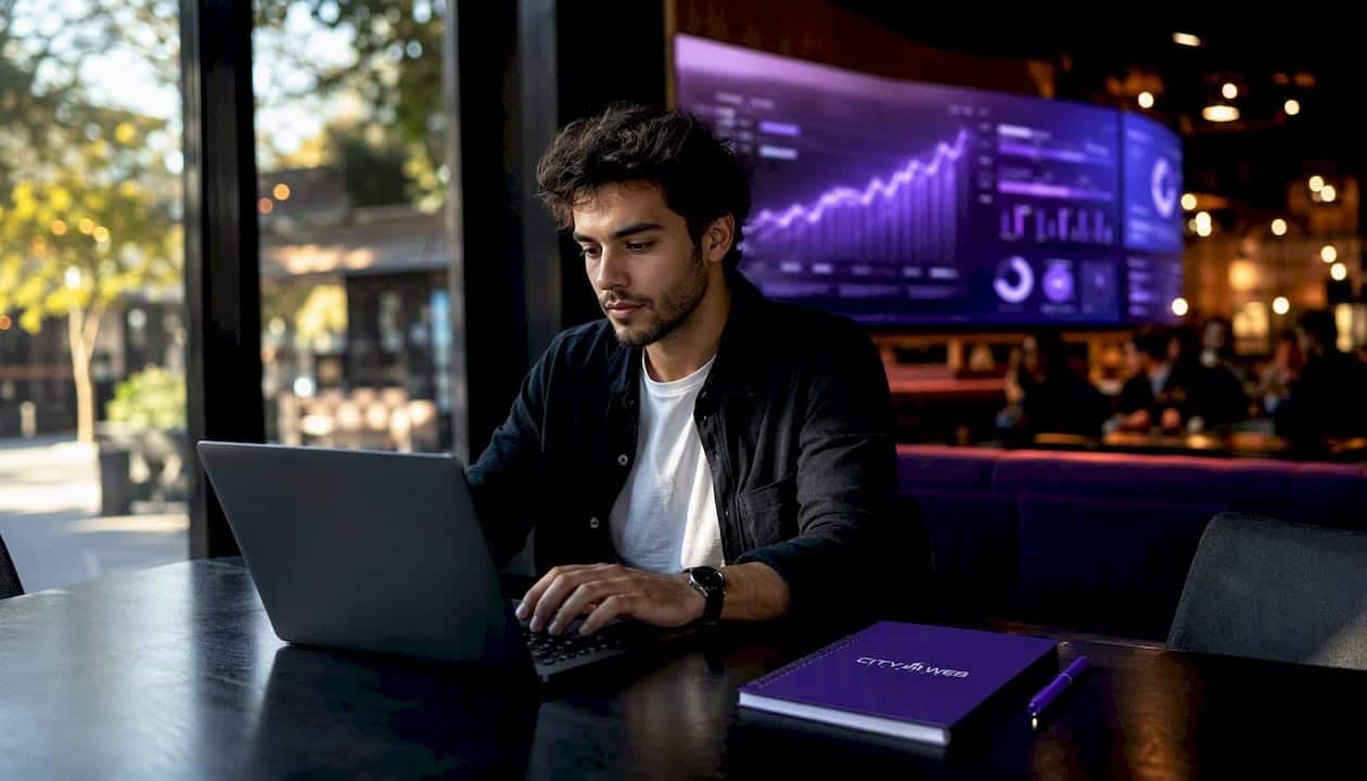 Digital healthcare marketing analytics dashboard in modern office