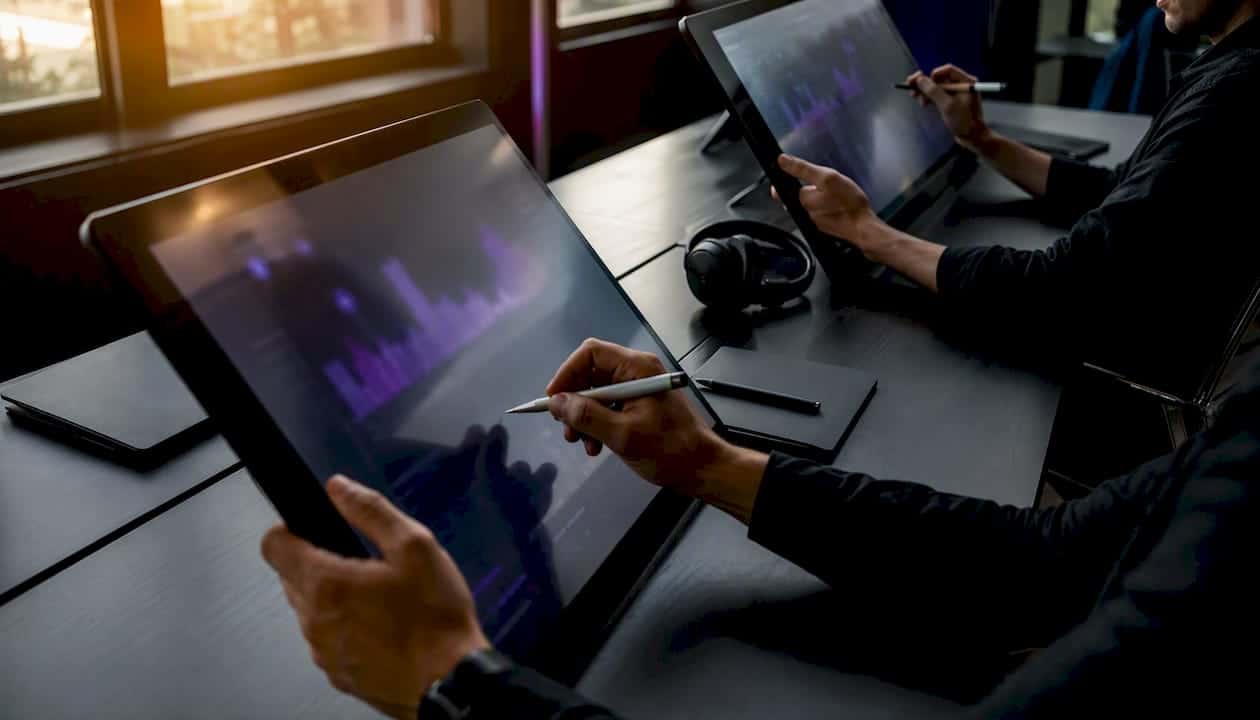 Team hands interacting with digital marketing dashboards