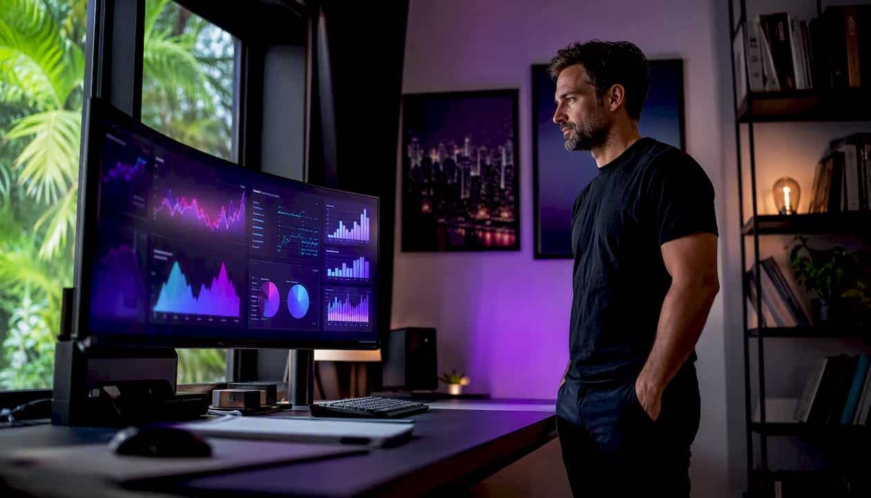 Business owner analyzing website performance dashboards