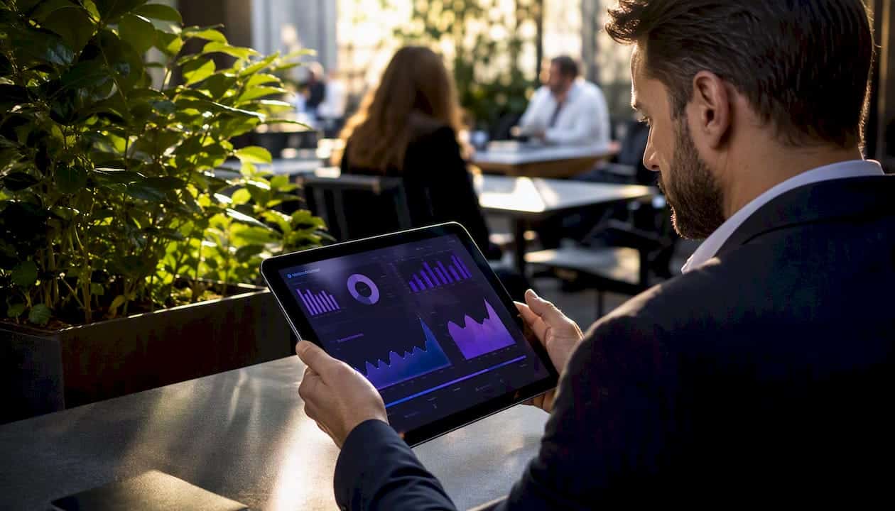 Workspace with social media analytics on screen