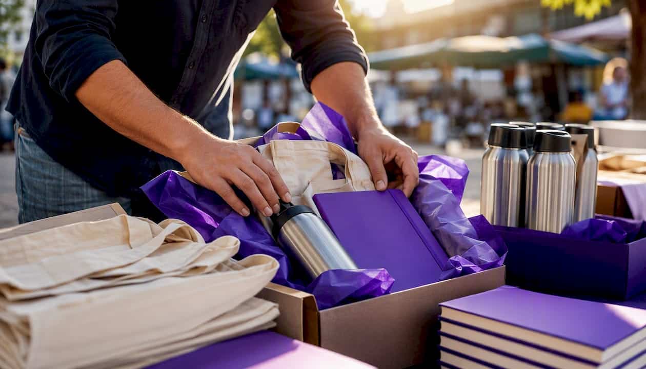 Hands packing promotional swag items in boxes