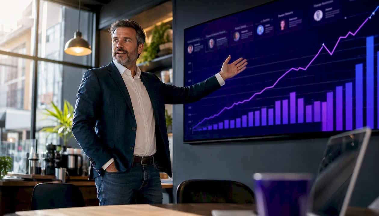 Business owner reviewing testimonial analytics dashboard
