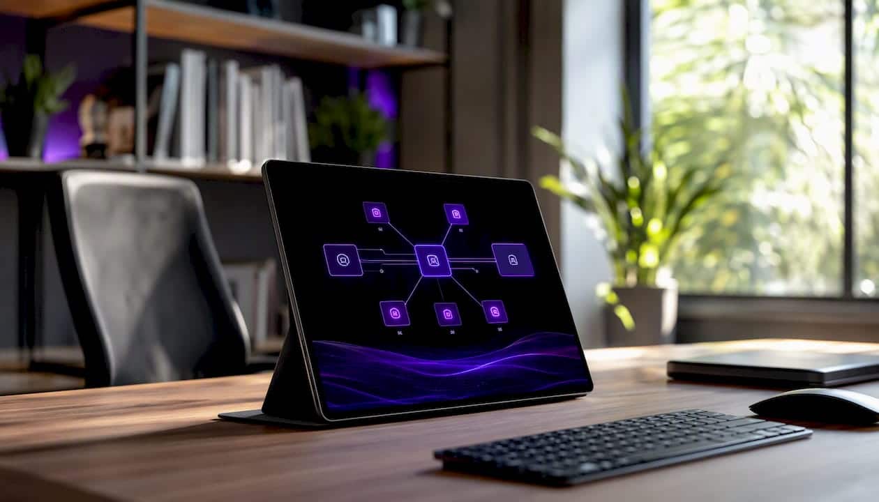 Tablet showing marketing automation workflow setup