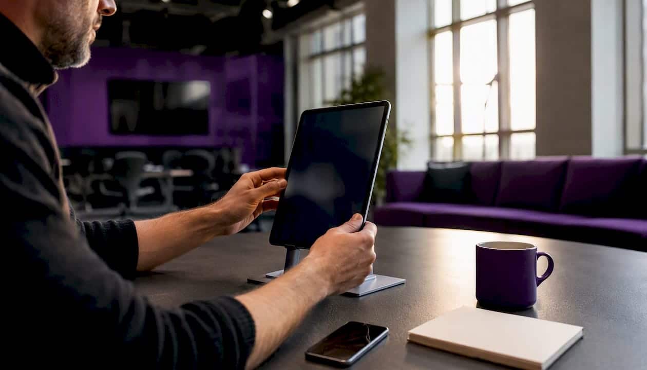 Hands adjusting tablet in modern workspace