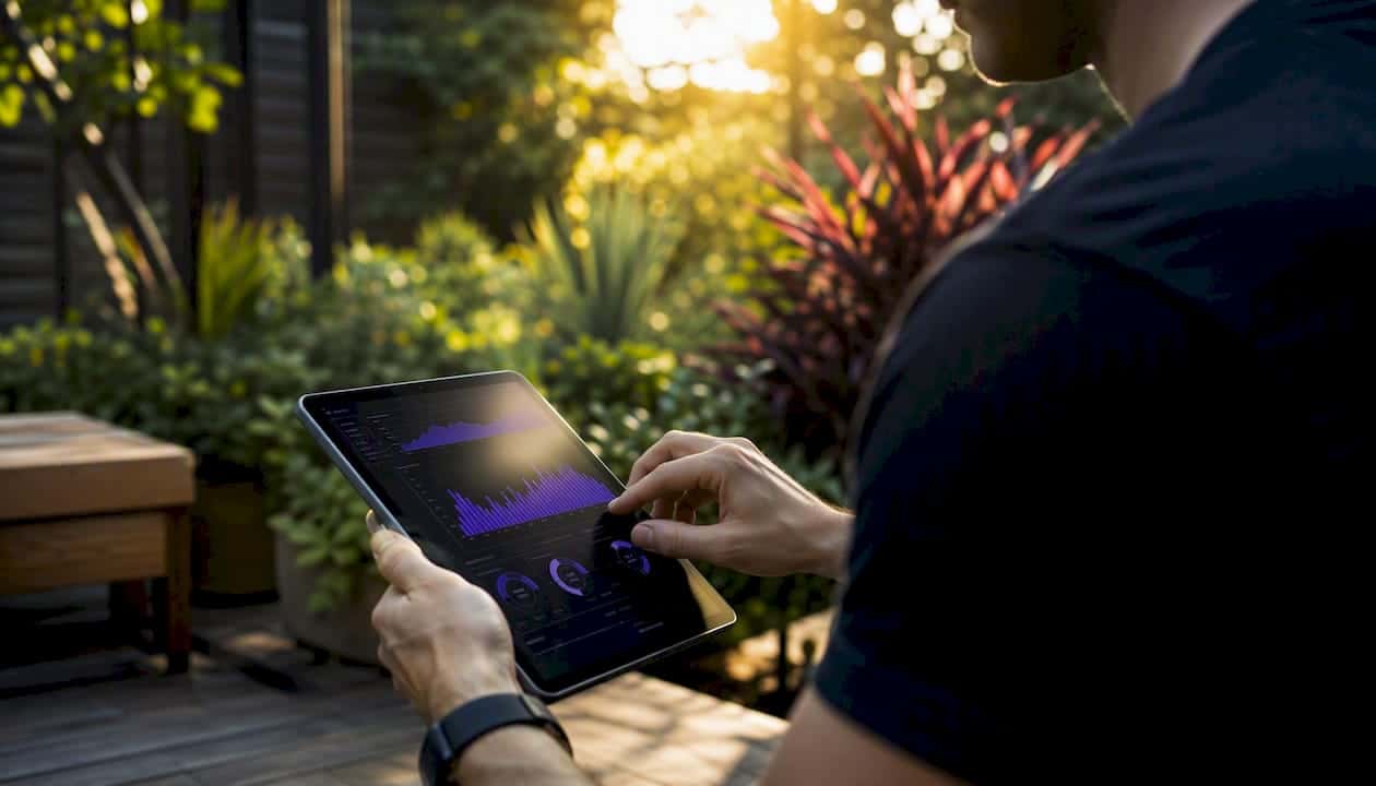 Hands interacting with glowing analytics dashboard