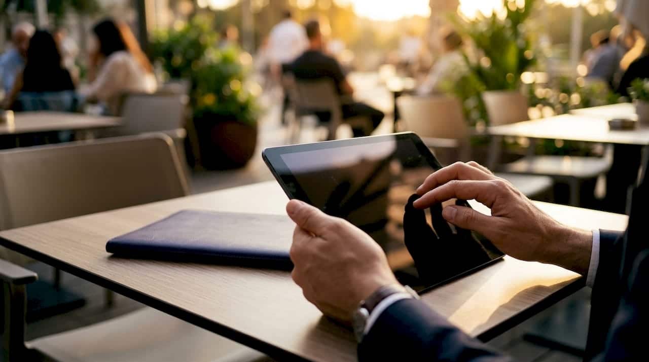 Hands adjusting tablet with ad impression data