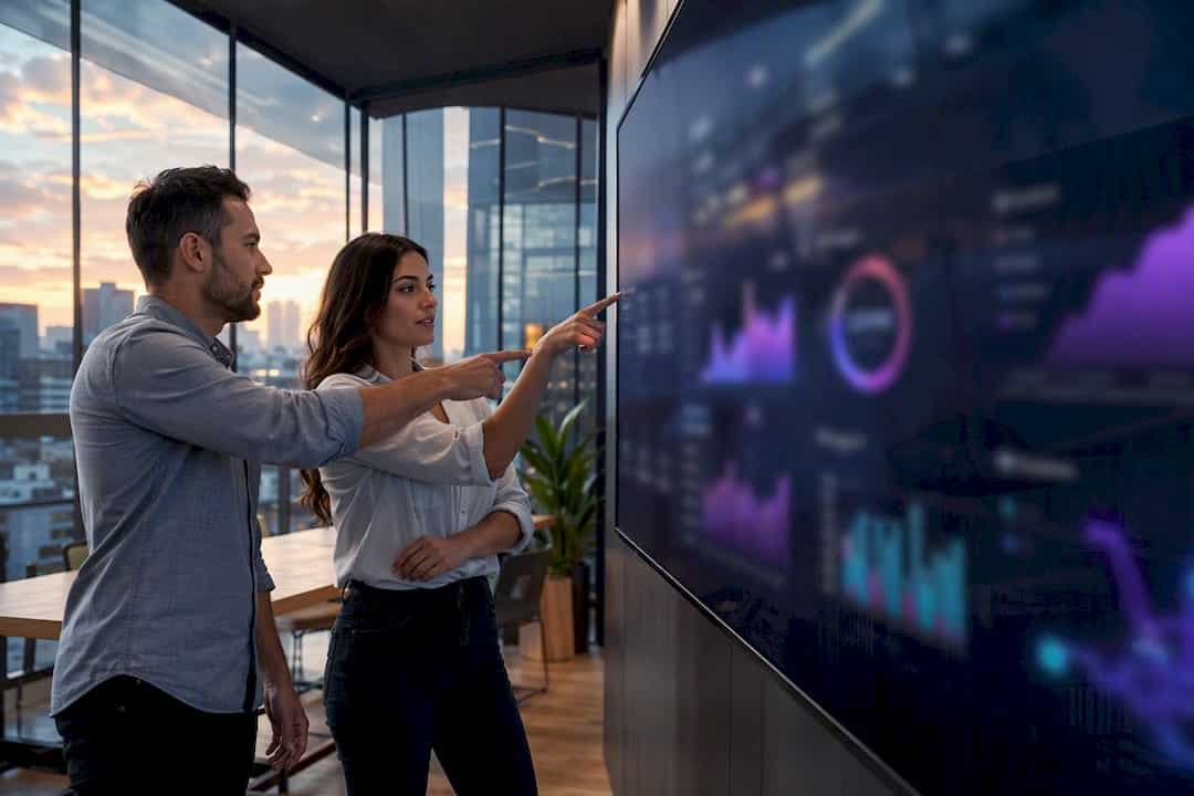 Business team reviewing accessibility data dashboard