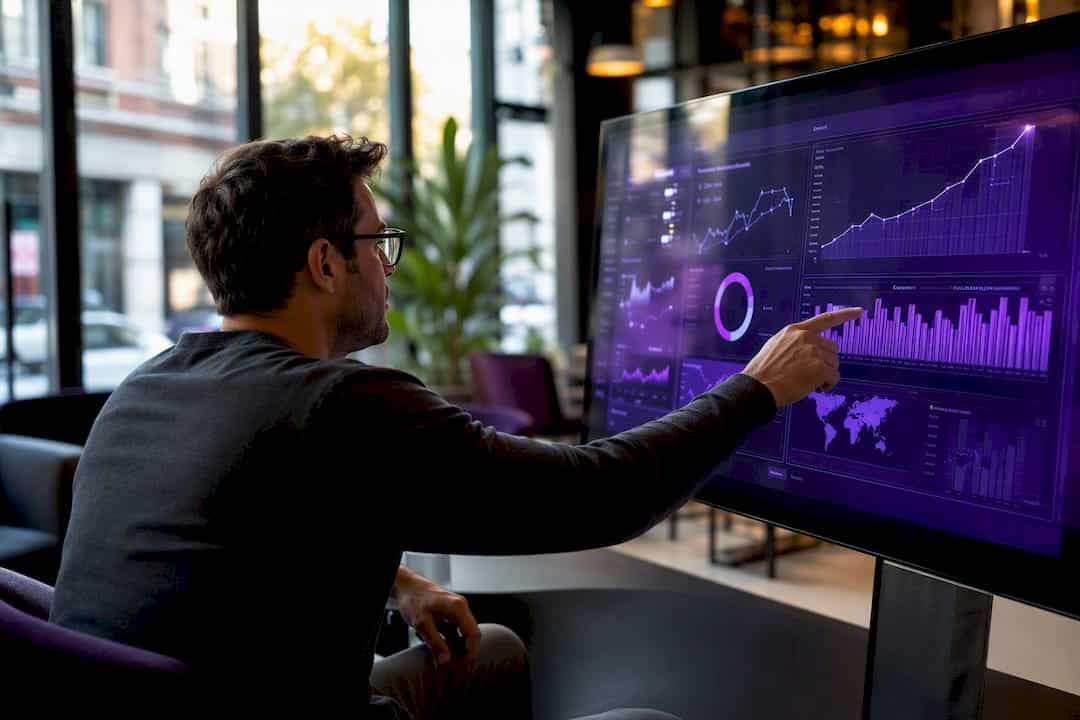 Hands interacting with marketing analytics dashboard