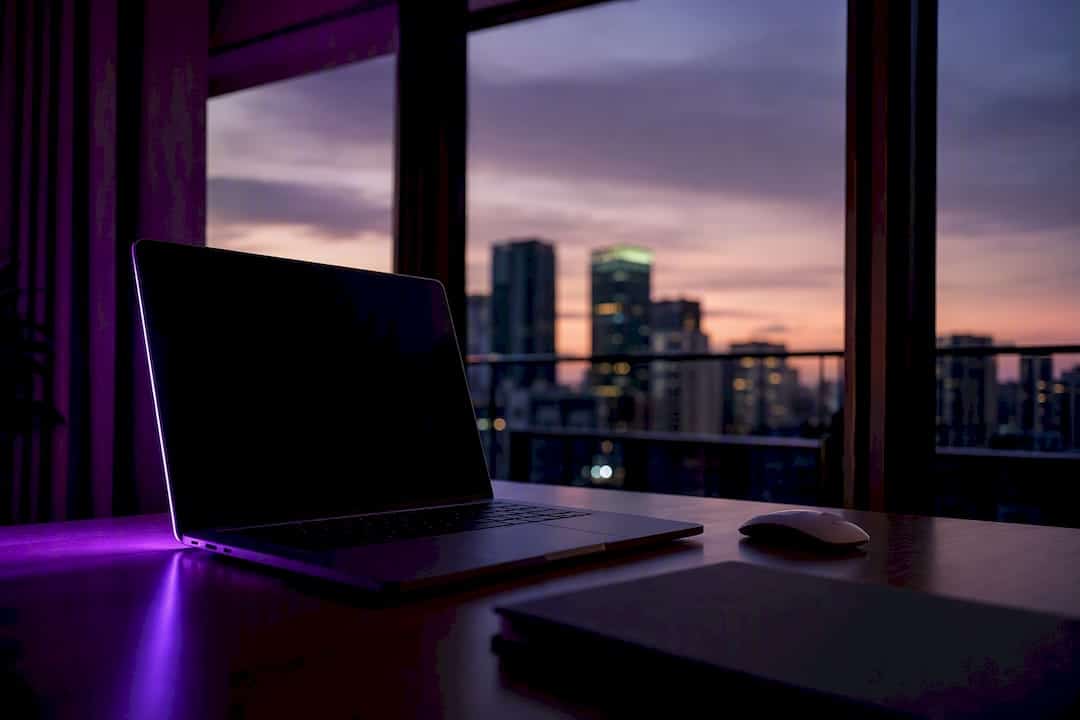 Remote home office with cityscape background