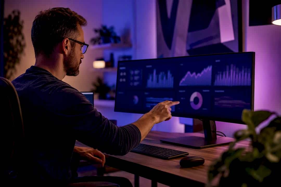 Business owner adjusting marketing dashboard settings