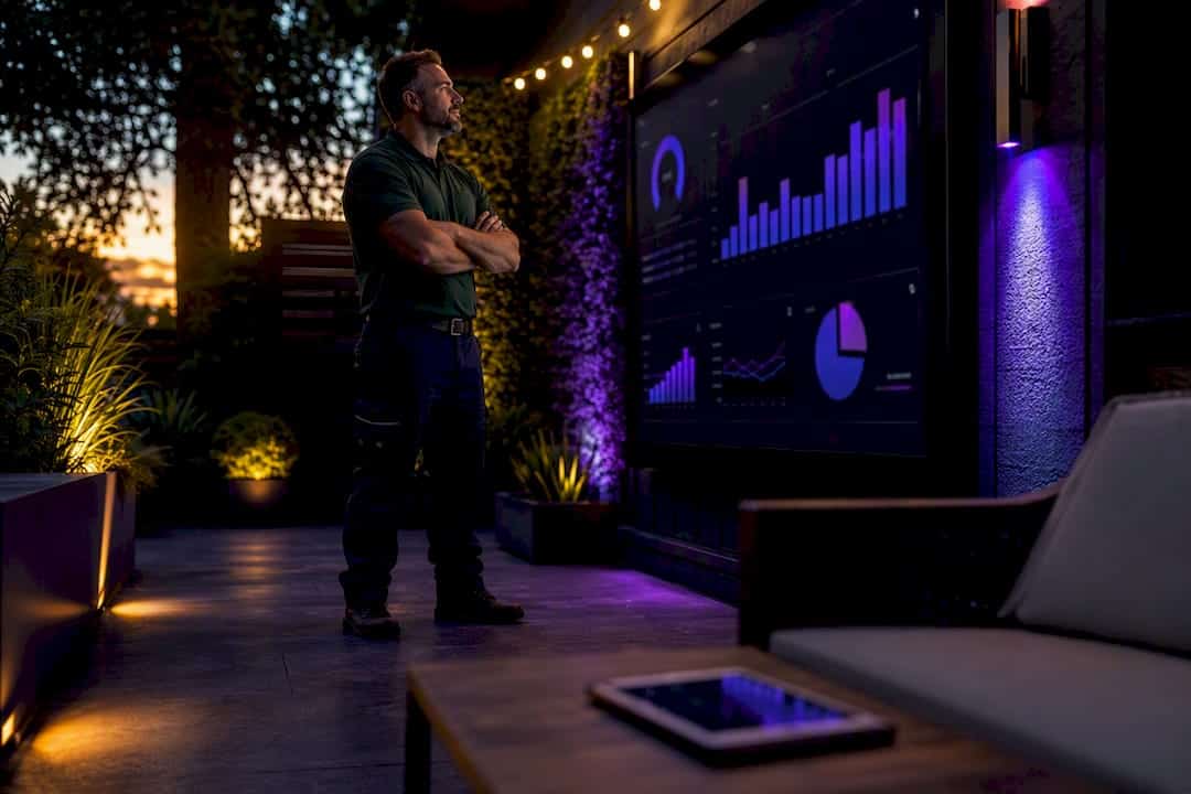 Landscaper viewing digital marketing analytics dashboard
