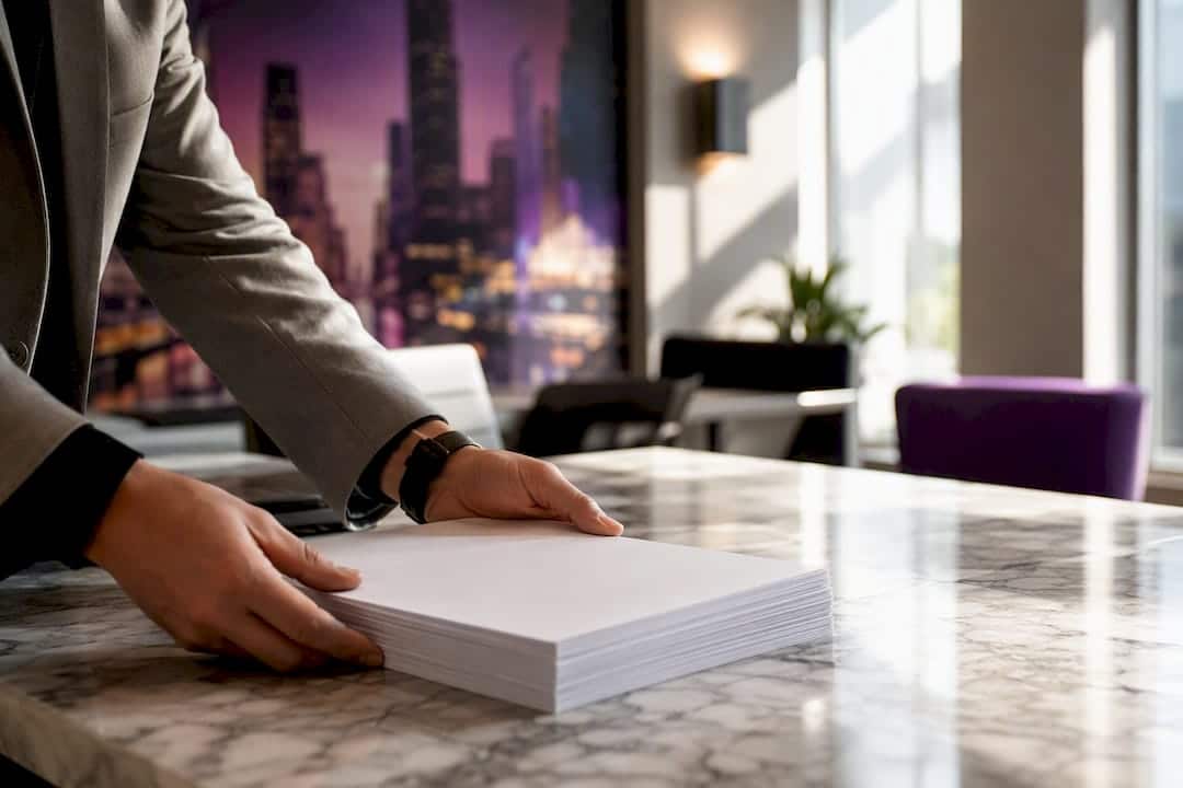 Hands organizing blank proposal documents