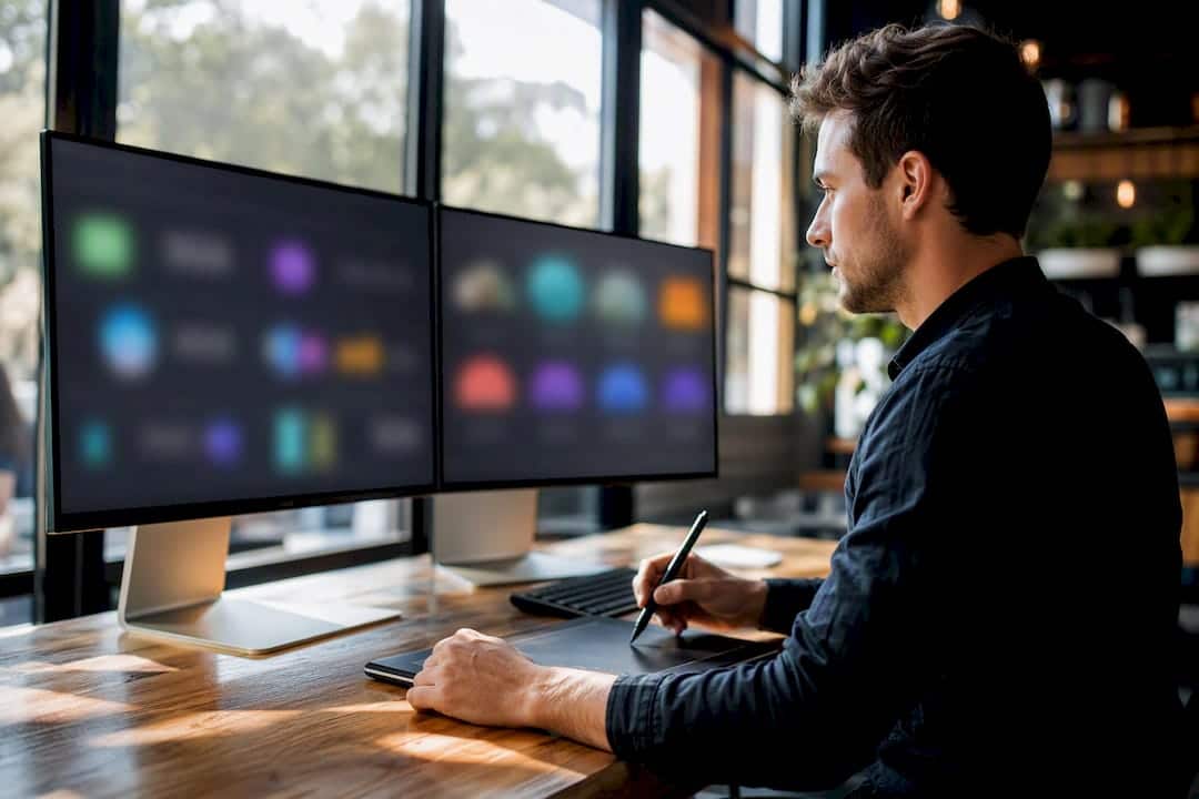 Hand using pen with category charts on screens