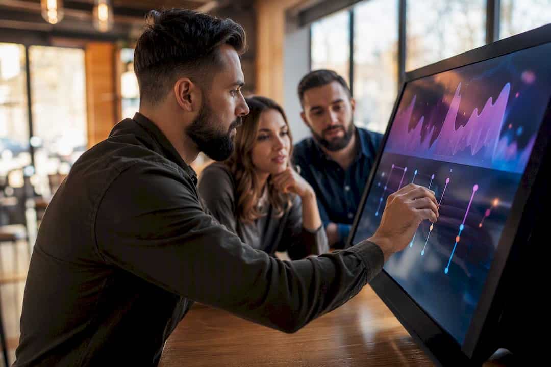 Hand adjusting HVAC marketing analytics touchscreen