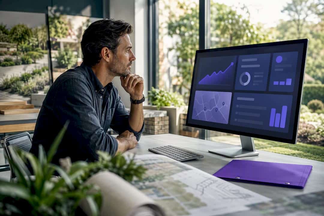 Landscaping owner reviewing SEO performance dashboard