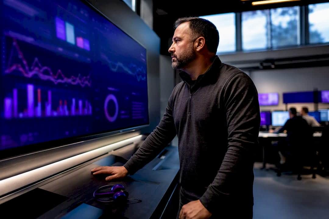 Moving company owner reviewing ad budget dashboard