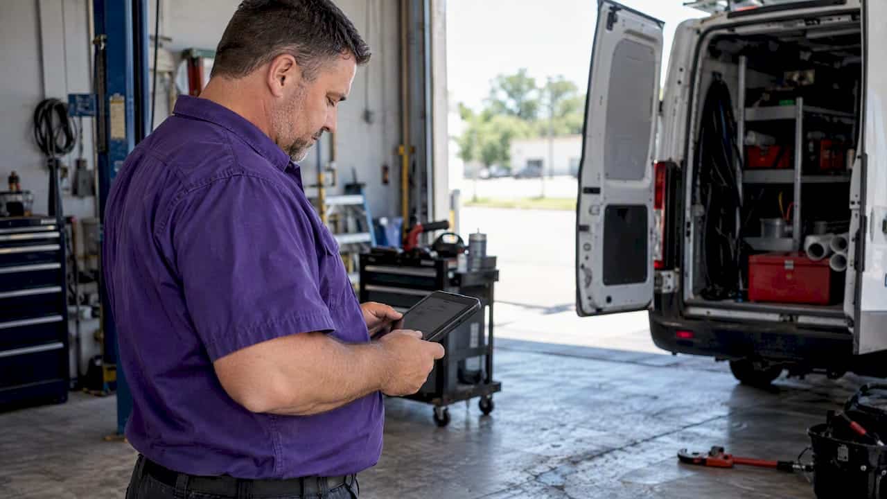 Local owner reviews profile photos on tablet